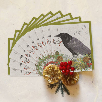 Boxed Set of 10 Winter Crow Holiday Paper Cards