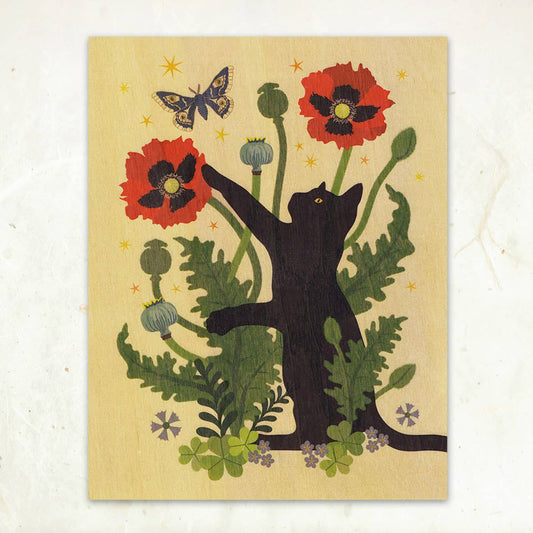 Black Cat & Poppies Small Wood Print