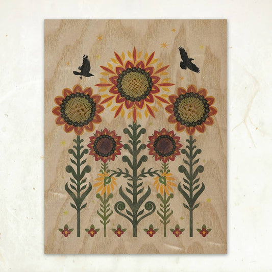 Sunflowers & Crows Small Wood Print